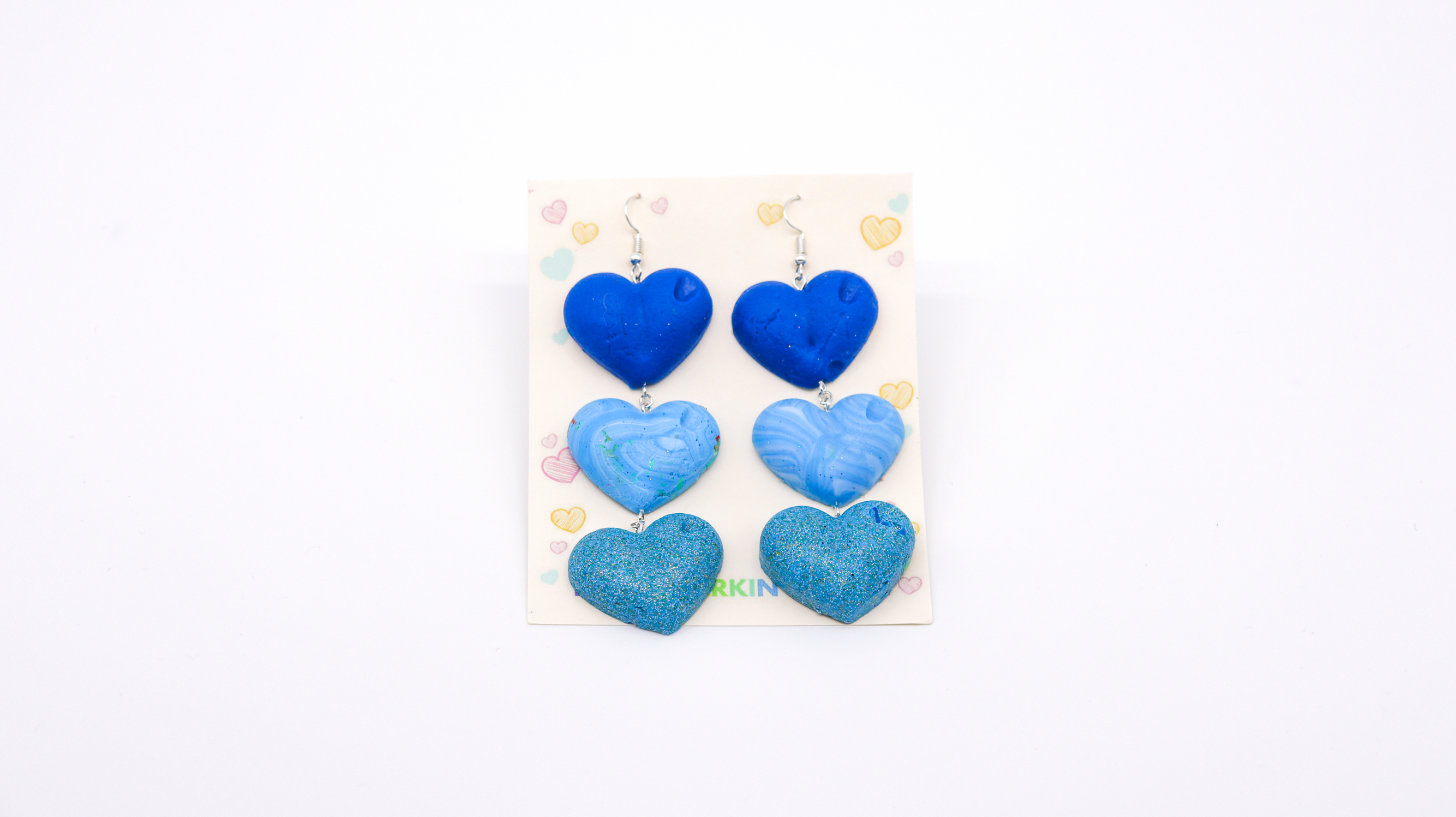 Navy, Light Blue & Glitter Drop Love Hearts Earrings