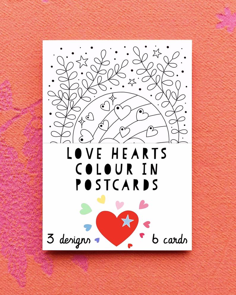 Love Hearts Colour In Postcards